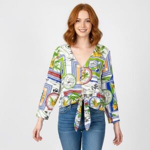 Rachel Zoe Tropical Travel Print Tie-Front Linen Blend Blouse